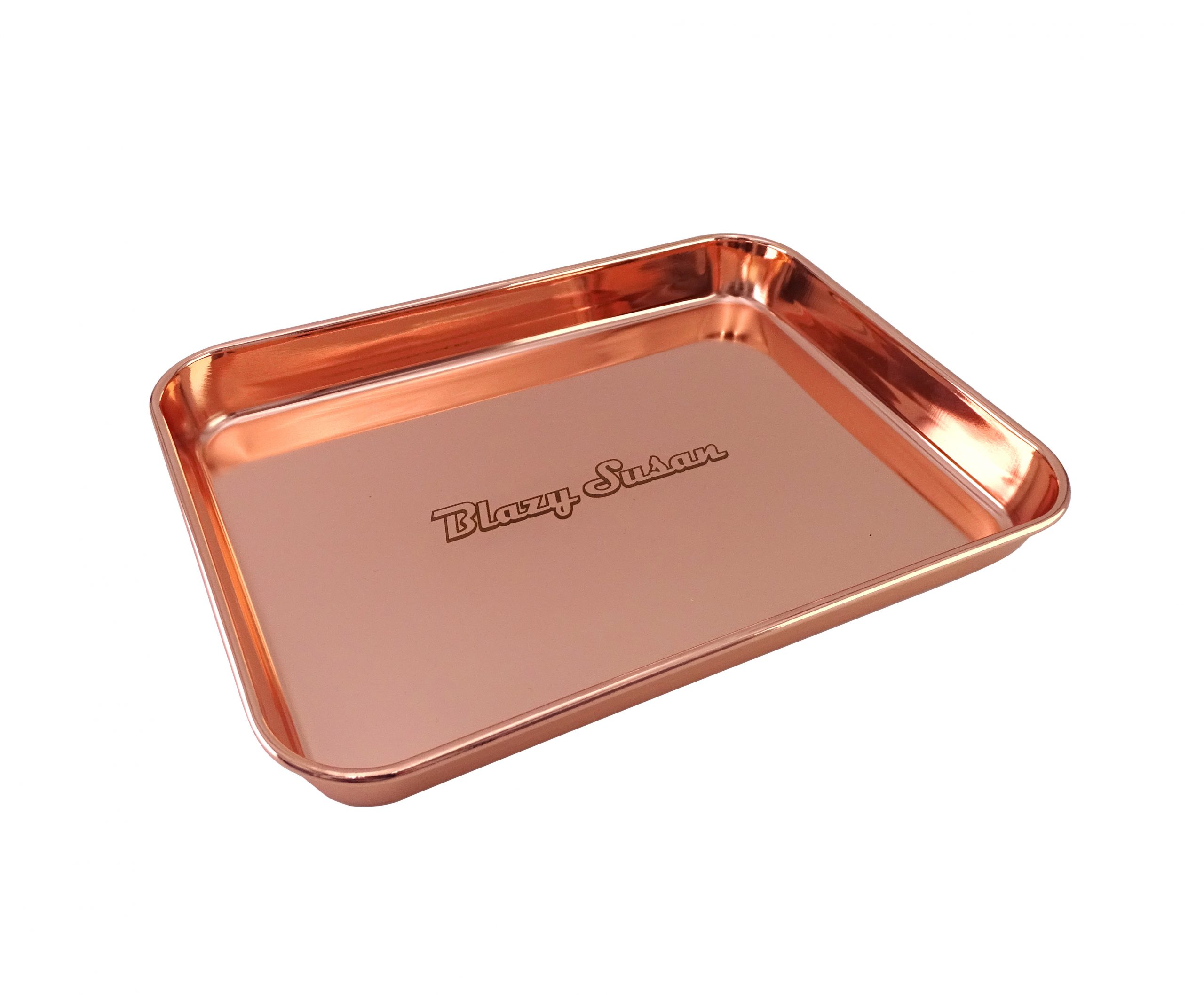 Blazy Susan Metal Rolling Tray Rose Gold Angled Image TRAY040 scaled