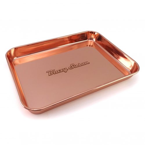 Blazy Susan Metal Rolling Tray Rose Gold Angled Image with Shadow TRAY040 scaled