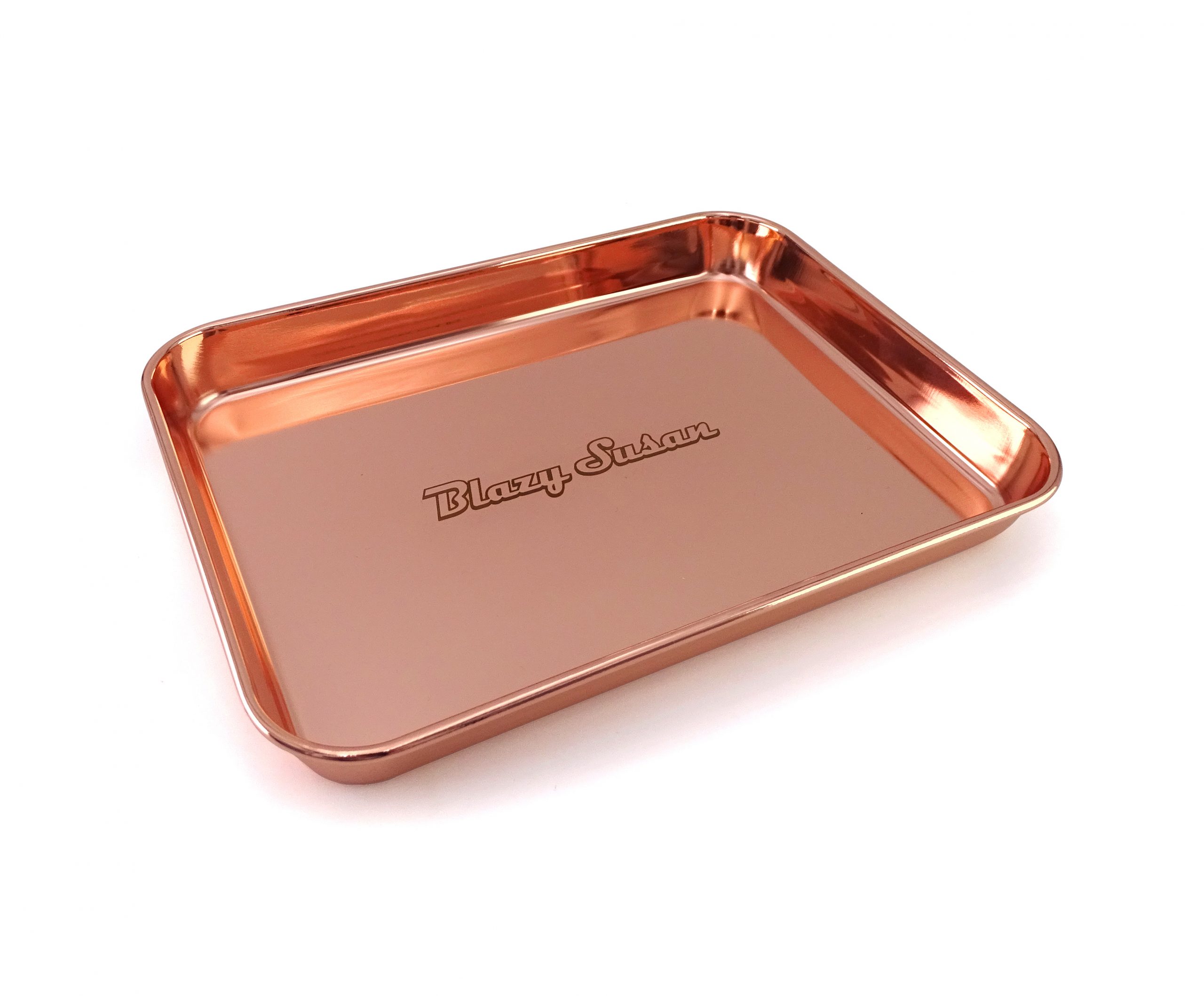 Blazy Susan Metal Rolling Tray Rose Gold Angled Image with Shadow TRAY040 scaled
